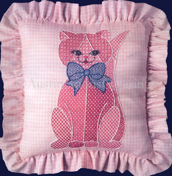 Pink Gingham Check Gleefull Cat Crewel Embroidery Pillow Kit