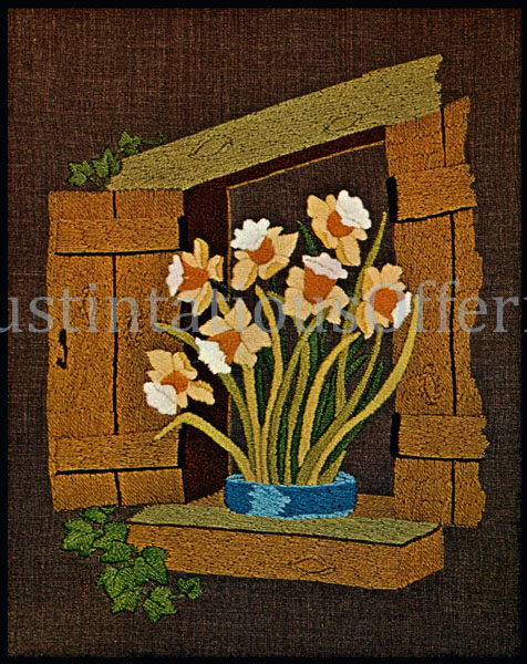 Rare Rustic Cabin Window Crewel Embroidery Kit Spring Daffodils