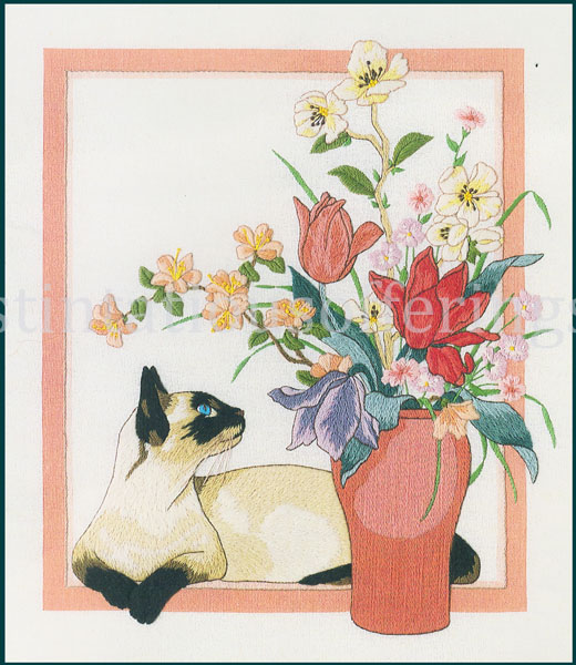 Rare Eriksen Siamese Cat Crewel Embroidery Kit Floral Bouquet