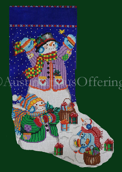 Rare HandPainted Needlepoint Stocking Canvas Snowman Christmas