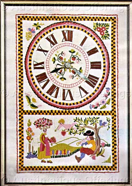 Rare Americana Folk Art Crewel Embroidery Kit Love Song Clock