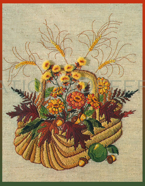 Rare Autumn Harvest French Trug Basket Crewel Embroidery Kit