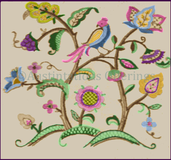 Rare Jacobean BranchCrewelEmbroidery PillowKit Longtail Bluebird