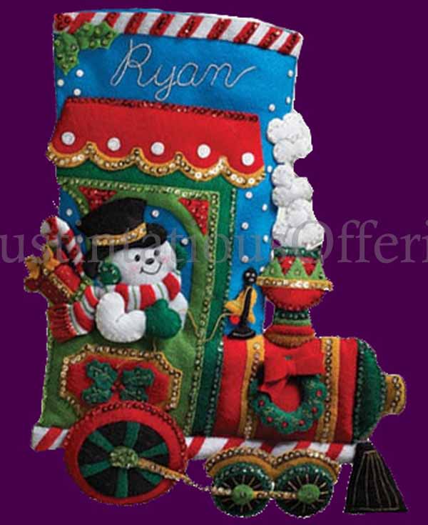 Rare Snowman Candy Steam Train Felt Embroidery Stocking Kit