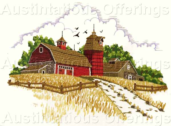 Rare Jennings Farm Landscape Crewel Embroidery Kit Old Barns
