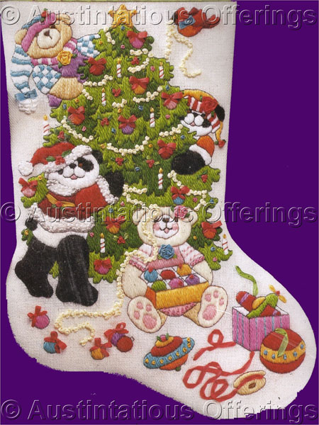 Rare Gillum Teddy Bears and Tree Crewel Embroidery Stocking Kit