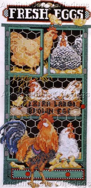 Gillum FolkArt Farm Rooster Hens Stamped Cross Stitch Kit Eggs