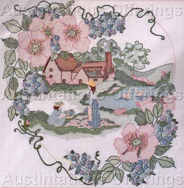 Summers Heart Cottage Stamped Cross Stitch Kit Picking Flowers