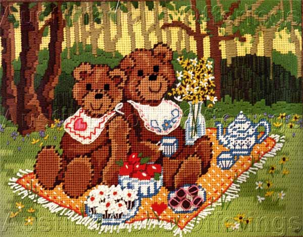 Rare Lucy and Me Teddy Bears Needlepoint Kit Picnicking Bears