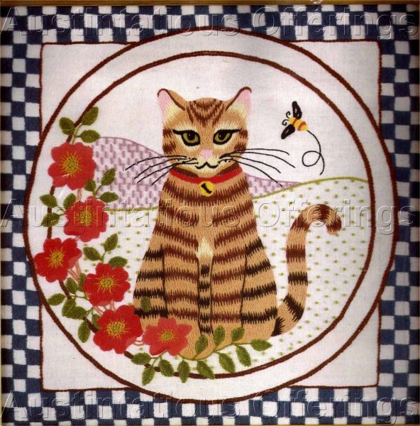Nancy King Primitive Folk Art Tiger Cat Crewel Embroidery Kit