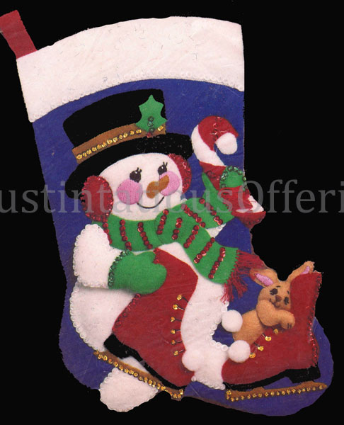 Rare Snowman Bunny Felt Applique Embroidery Stocking Kit Skating