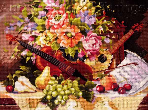 Rossi Music Still Life Needlepoint Kit Summer Floral Lute Violin