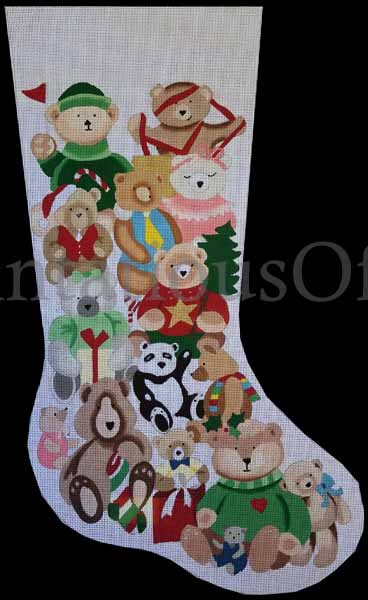 Rare HandPainted Needlepoint Stocking Canvas Teddy Bears Galore