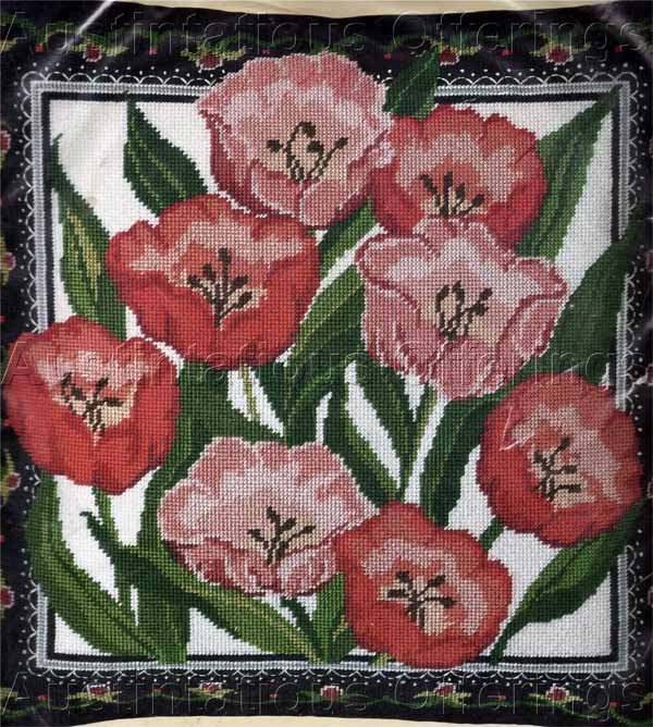 Dramatic Floral Red Pink Spring Tulips Needlepoint Pillow Kit