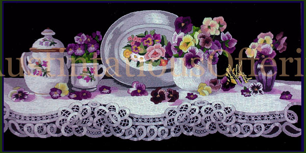 Rare Pech Spring Tea Floral Crewel Embroidery Kit Pansies Lace