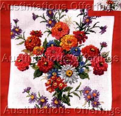 Rare Bright Summer Zinnias Asters Floral CrossStitch Pillow Kit